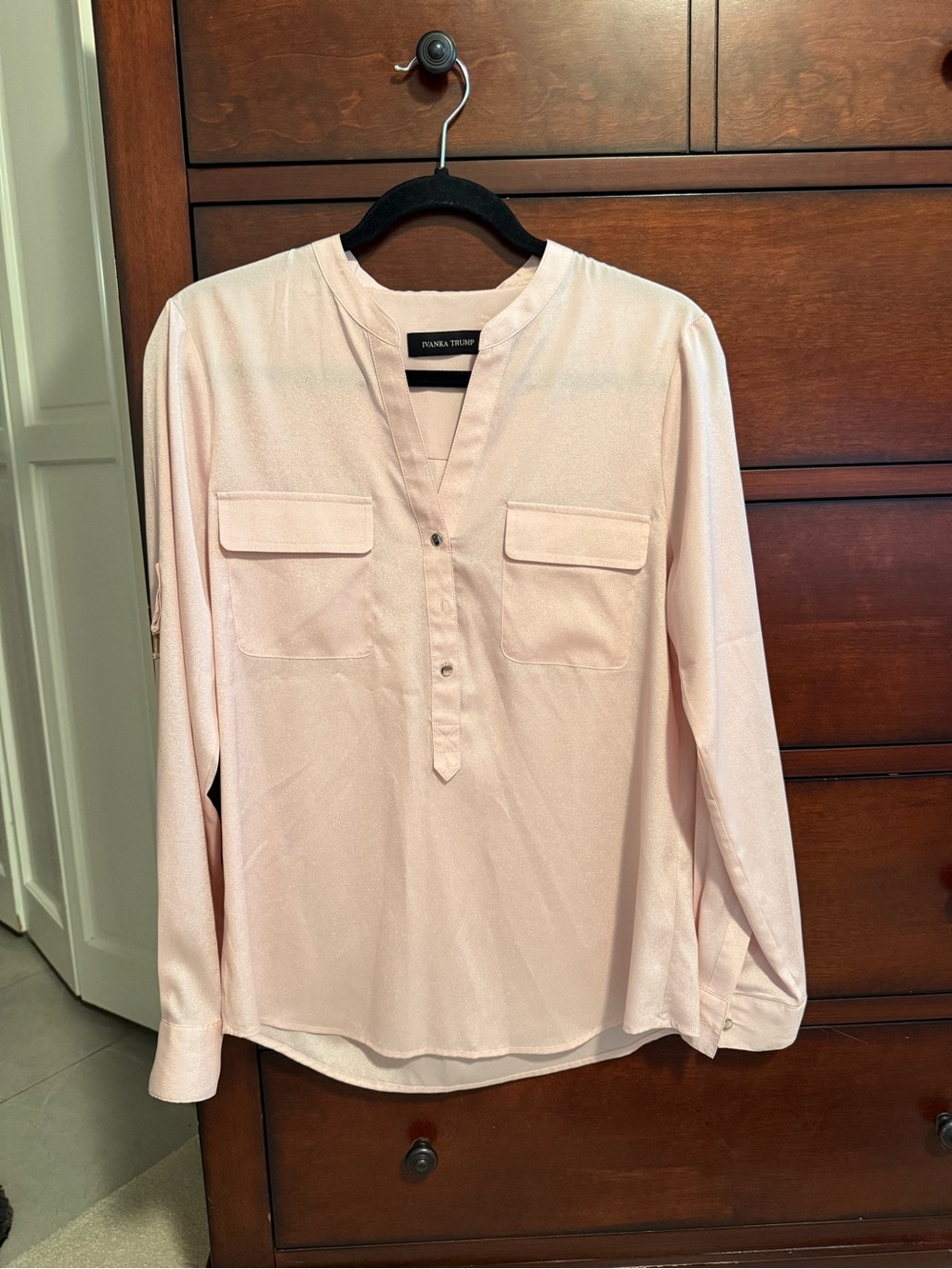 Ivanka Trump Pale Pink Split-Neck Button-Front Blouse